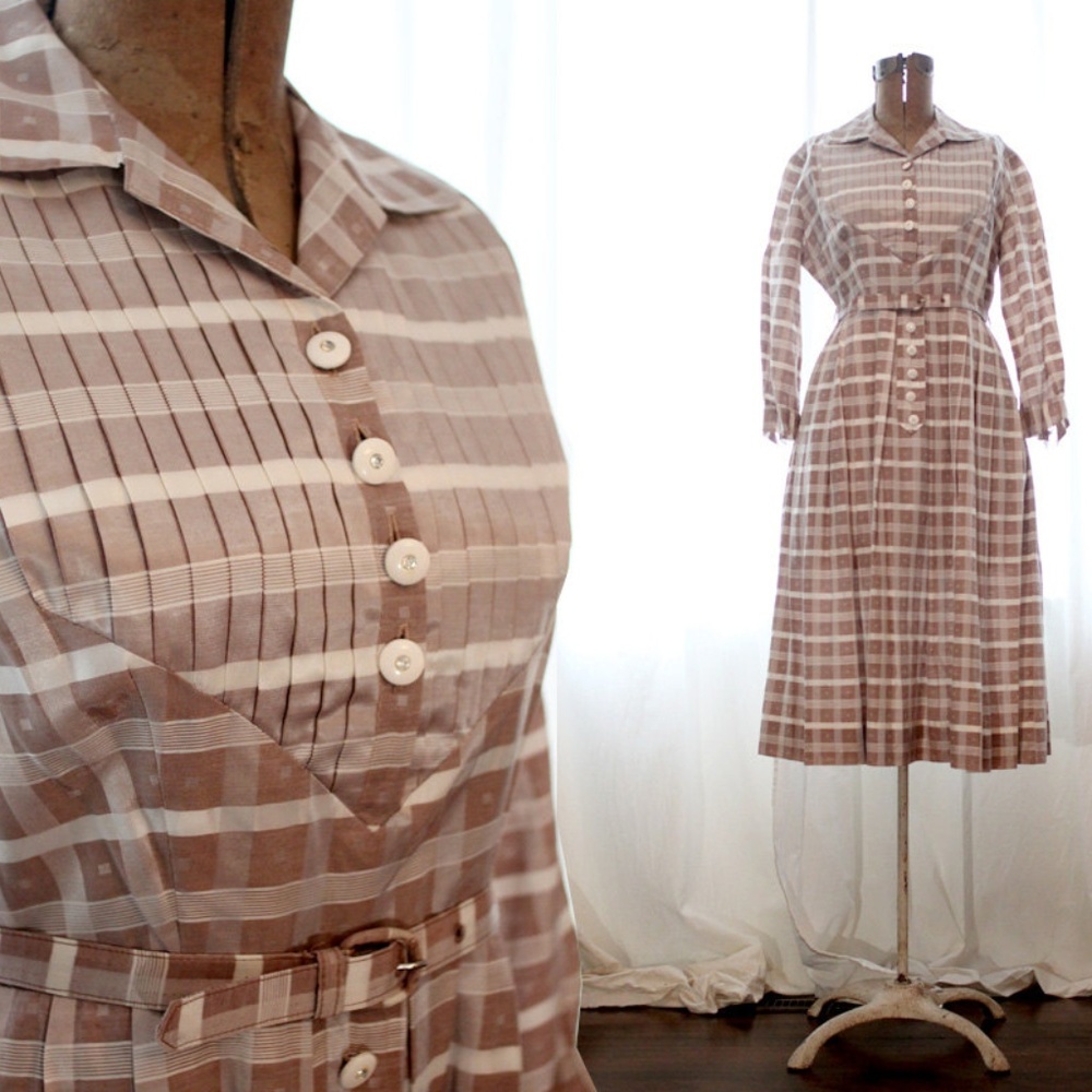 Vintage 50s warm beige check print shift dress